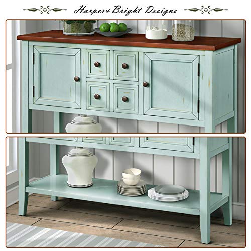 Danxee Wood Buffet Storage Cabinet Console Table with Storage Shelf 4 Storage Drawers and Cabinets Living Room Kitchen Dining Room Furniture (Antique Blue)