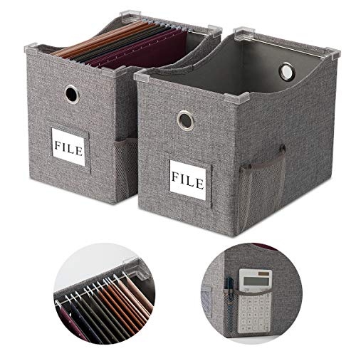Collapsible File Box Storage Organizer Letter size Decorative Linen Hanging File Boxes with Handles Office File Storage Box Metal Sliding Rail for Document Storage