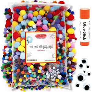 incraftables 2000 pcs pom poms with googly eyes & glue stick. best colored & glitter cotton 0.4 to 1.4 inch balls for diy craft, hats & decorations. multicolor puffy pompom gift set for kids & adults