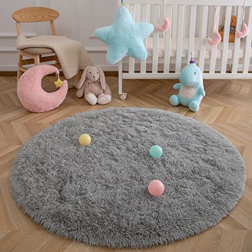 Goideal Soft Round Shaggy Rug, 4 x 4 Feet Grey Fluffy Circle Rug for Boys Girls, Fuzzy Cute Bedroom Rug, Circle Plush Floor Carpet for Nursery Room Decor