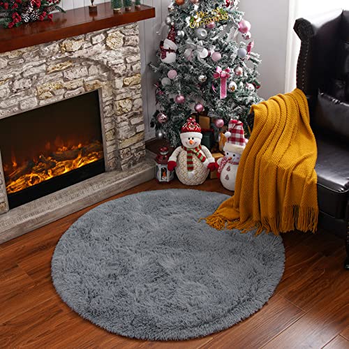 Goideal Soft Round Shaggy Rug, 4 x 4 Feet Grey Fluffy Circle Rug for Boys Girls, Fuzzy Cute Bedroom Rug, Circle Plush Floor Carpet for Nursery Room Decor