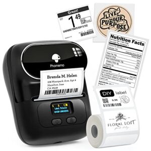 phomemo barcode printer m110 label printer, upgraded bluetooth portable thermal label maker for small business, address, office, home for phone; for pc/mac(usb), with 100pcs labels, ebony black