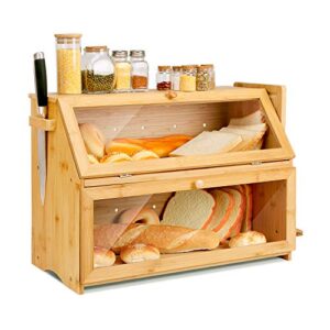 homekoko double extra large bread box, two-layer extra large oversized bread box for kitchen counter, wooden large capacity bread storage bin with cutting board (natural bamboo)