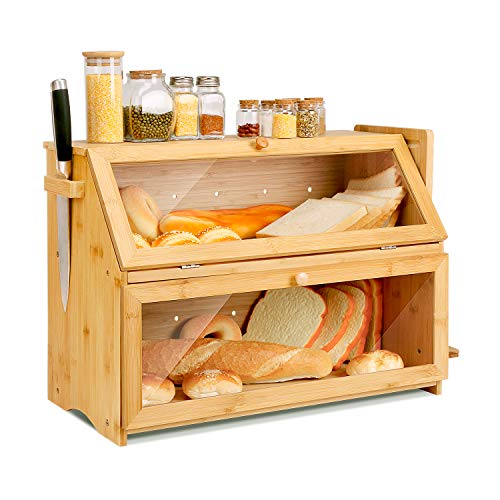 HOMEKOKO Double Extra Large Bread Box, Two-layer Extra Large Oversized Bread Box for Kitchen Counter, Wooden Large Capacity Bread Storage Bin with Cutting Board (Natural Bamboo)