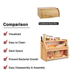 HOMEKOKO Double Extra Large Bread Box, Two-layer Extra Large Oversized Bread Box for Kitchen Counter, Wooden Large Capacity Bread Storage Bin with Cutting Board (Natural Bamboo)