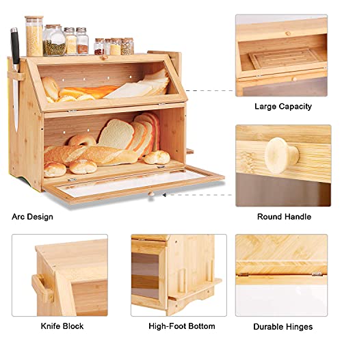 HOMEKOKO Double Extra Large Bread Box, Two-layer Extra Large Oversized Bread Box for Kitchen Counter, Wooden Large Capacity Bread Storage Bin with Cutting Board (Natural Bamboo)