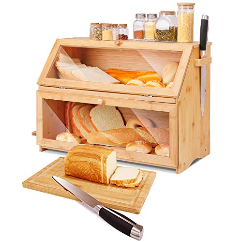 HOMEKOKO Double Extra Large Bread Box, Two-layer Extra Large Oversized Bread Box for Kitchen Counter, Wooden Large Capacity Bread Storage Bin with Cutting Board (Natural Bamboo)