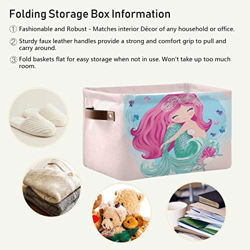 Moudou Mermaid Laundry Basket Square Collapsible Laundry Hamper Clothes Toys Storage Bin with Handles for Bedroom, Closet, Nursery, Dorm, Home Decor