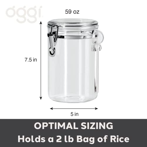 OGGI Clear Canister Airtight 59oz - Clamp Lid & Spoon - Airtight Food Storage Containers, Ideal for Kitchen & Pantry Storage of Bulk, Dry Food Including Flour, Sugar, Coffee, Rice, Tea, Spices & Herbs