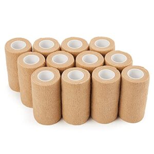 self adhesive bandage wrap 4 inches x 5 yards, 12 pack of pet vet wrap cohesive tape for first aid, sports, horses, dogs (beige)