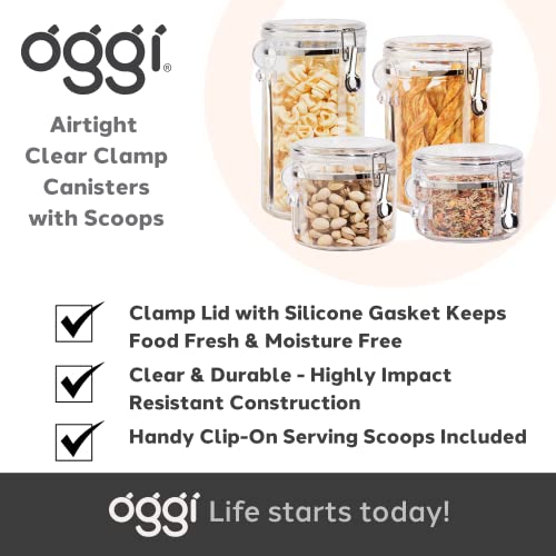 OGGI Clear Canister Airtight 28oz - Clamp Lid & Spoon - Airtight Food Storage Containers, Ideal for Kitchen & Pantry Storage of Bulk, Dry Food Including Flour, Sugar, Coffee, Rice, Tea, Spices & Herbs