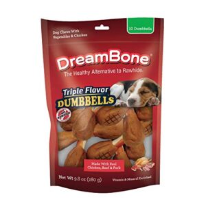 dreambone triple flavor dumbbells, treat your dog to a chew made with real chicken and vegetables