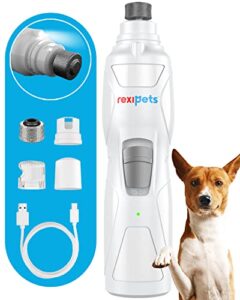 rexipets cat and dog nail grinder - rechargeable electric pet nail clipper & trimmer- painless paws grooming - quiet 2-speed motor. 3 size ports for small, medium, large pets- up to 4 hours of charge