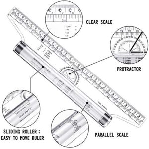 2 Pieces Plastic Measuring Rolling Ruler, Drawing Roller Ruler, Parallel Ruler, Multifunctional Drawing Design Ruler for Measuring, Drafting, Student, School and Office (12 Inch)