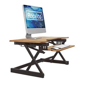 Rocelco 32" Height Adjustable Standing Desk Converter - Sit Stand Computer Workstation Riser - Dual Monitor Retractable Keyboard Tray Gas Spring Assist - Teak Wood Grain (R EADRT)