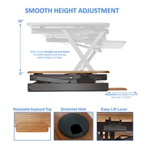 Rocelco 32" Height Adjustable Standing Desk Converter - Sit Stand Computer Workstation Riser - Dual Monitor Retractable Keyboard Tray Gas Spring Assist - Teak Wood Grain (R EADRT)