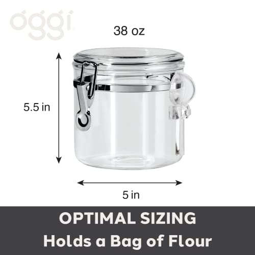 OGGI Clear Canister Airtight 38oz - Clamp Lid & Spoon - Airtight Food Storage Containers, Ideal for Kitchen & Pantry Storage of Bulk, Dry Food Including Flour, Sugar, Coffee, Rice, Tea, Spices & Herbs