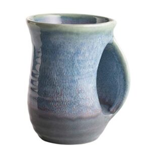 gute hand warmer mug, ceramic and hand painted - contoured pocket will hold warmth from the heat of your drink to keep your fingers warm, comfy handwarmer (lagoon blue) (right hand)