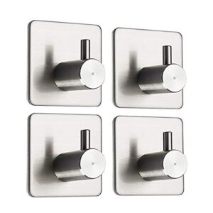 grelity 4 pack adhesive hooks, self adhesivewall mounted hanger for key robe coat towel, super strong heavy duty stainless steel hooks, no drill no screw (silver 02)
