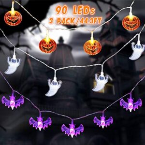 halloween lights decoration string lights, 3 pack 44.3ft battery operated fairy lights 3x30 led orange pumpkin purple bat white ghost string lights for indoor/outdoor holiday party decorations
