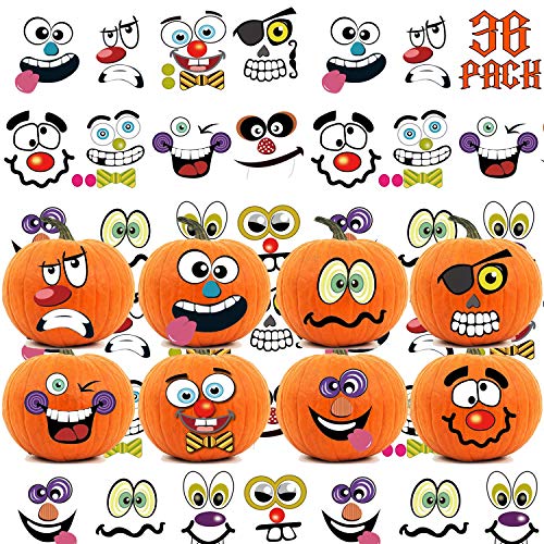 36 Packs Halloween Pumpkin Decorating Stickers, 18 Sheet Pumpkin Face Stickers in 12 Designs for Halloween Party Supplies Trick or Treat Party Favors