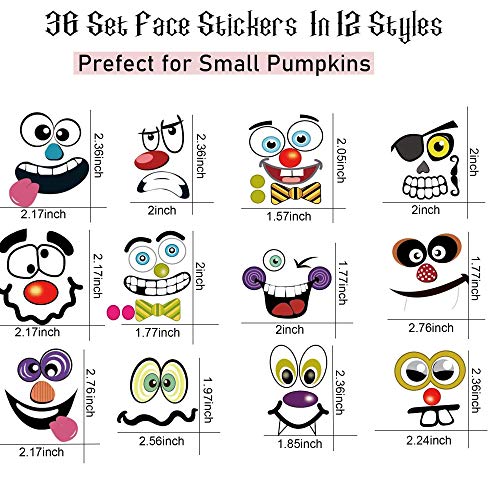 36 Packs Halloween Pumpkin Decorating Stickers, 18 Sheet Pumpkin Face Stickers in 12 Designs for Halloween Party Supplies Trick or Treat Party Favors