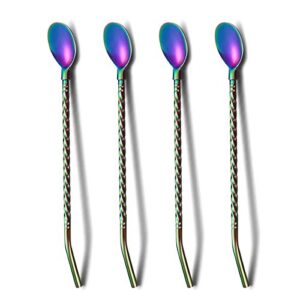 homquen rainbow iced tea spoon with straw handle for drinking, 4 pieces 8.7" stainless steel titanium rainbow plating long handle bar spoon silverware for mixing and stirring