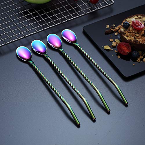 HOMQUEN Rainbow Iced Tea Spoon with Straw Handle for Drinking, 4 Pieces 8.7" Stainless Steel Titanium Rainbow Plating Long Handle Bar Spoon Silverware for Mixing and Stirring