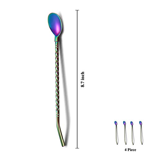 HOMQUEN Rainbow Iced Tea Spoon with Straw Handle for Drinking, 4 Pieces 8.7" Stainless Steel Titanium Rainbow Plating Long Handle Bar Spoon Silverware for Mixing and Stirring