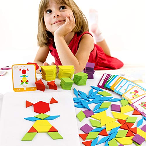 155 Pcs Wooden Pattern Blocks Set - Geometric Shape Puzzle Kindergarten Classic STEM Educational Montessori Tangram Toys with 24 Pcs Design Cards for Kids Boys Girls Ages Over 36 Months