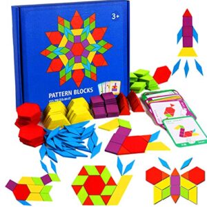 155 pcs wooden pattern blocks set - geometric shape puzzle kindergarten classic stem educational montessori tangram toys with 24 pcs design cards for kids boys girls ages over 36 months