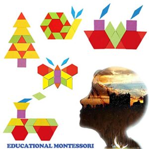 155 Pcs Wooden Pattern Blocks Set - Geometric Shape Puzzle Kindergarten Classic STEM Educational Montessori Tangram Toys with 24 Pcs Design Cards for Kids Boys Girls Ages Over 36 Months