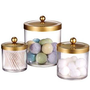 premium quality apothecary jars - clear plastic storage jars with rust proof stainless steel lids - bathroom vanity countertop storage organizer canister holder house decor | set of 3 (gold)
