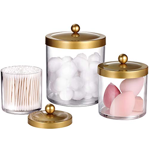 Premium Quality Apothecary Jars - Clear Plastic Storage Jars with Rust Proof Stainless Steel Lids - Bathroom Vanity Countertop Storage Organizer Canister Holder House Decor | Set of 3 (Gold)