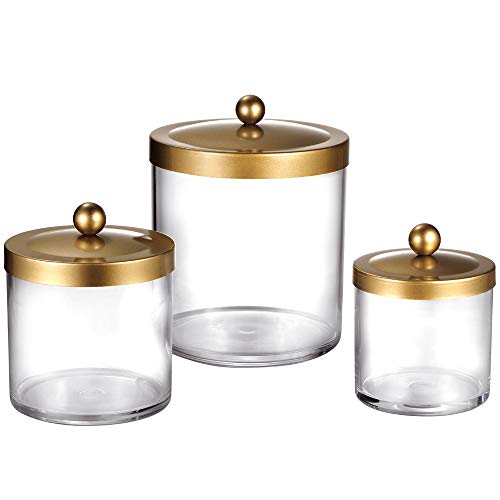 Premium Quality Apothecary Jars - Clear Plastic Storage Jars with Rust Proof Stainless Steel Lids - Bathroom Vanity Countertop Storage Organizer Canister Holder House Decor | Set of 3 (Gold)