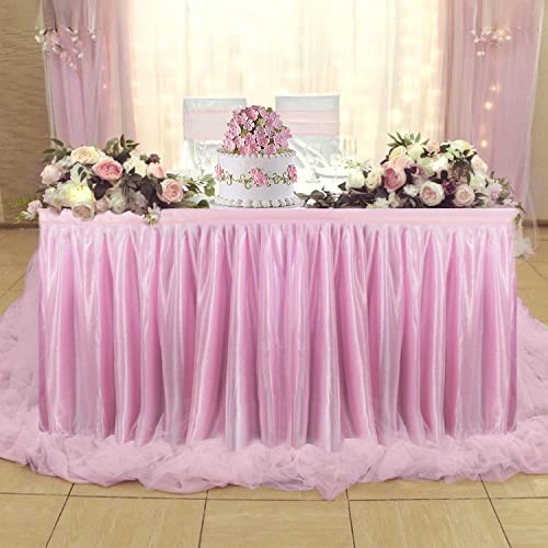 Pink Tulle Table Skirt for Rectangle Tables or Round 9ft Pink Tutu Table Skirts Tablecloth for Birthday Party Wedding Girl Baby Shower Cake Dessert Banquet Table Decorations