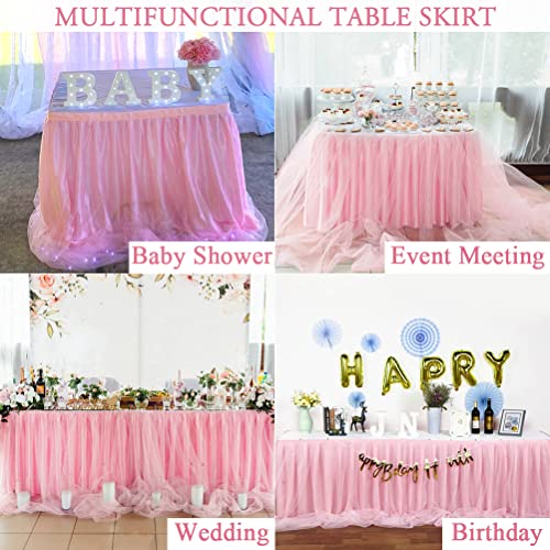 Pink Tulle Table Skirt for Rectangle Tables or Round 9ft Pink Tutu Table Skirts Tablecloth for Birthday Party Wedding Girl Baby Shower Cake Dessert Banquet Table Decorations