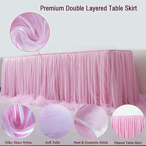 Pink Tulle Table Skirt for Rectangle Tables or Round 9ft Pink Tutu Table Skirts Tablecloth for Birthday Party Wedding Girl Baby Shower Cake Dessert Banquet Table Decorations