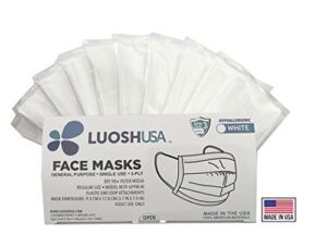 luosh white face masks disposable made in usa - astm level 3 masks with filter pfe99%, paper masks, 3 ply face masks for adult 50 pack (adult, white)