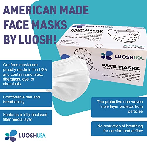 Luosh White Face Masks Disposable Made in USA - ASTM Level 3 Masks with Filter PFE99%, Paper masks, 3 Ply Face Masks for Adult 50 Pack (Adult, White)