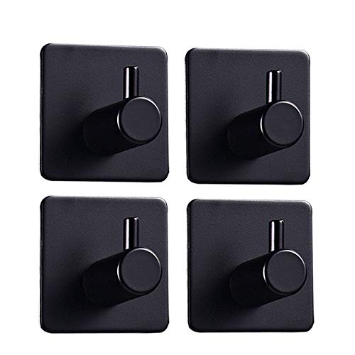 Grelity 4 Pack Adhesive Hooks, Self AdhesiveWall Mounted Hanger for Key Robe Coat Towel, Super Strong Heavy Duty Stainless Steel Hooks, No Drill No Screw (Black 04)