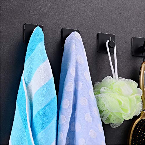 Grelity 4 Pack Adhesive Hooks, Self AdhesiveWall Mounted Hanger for Key Robe Coat Towel, Super Strong Heavy Duty Stainless Steel Hooks, No Drill No Screw (Black 04)