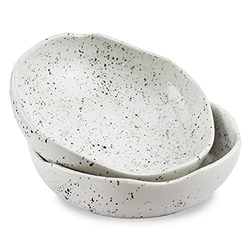 roro Ceramic Stoneware Hand-Molded Speckled Pasta and Dinner Plate Bowl, Lunar White Set of 2 | 7.5 Inches Diameter x 2.5 Inches Tall each