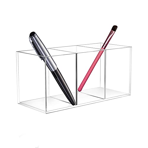 Dingelex Acrylic Pen Holder 3 Compartments,Clear Pencil Cup Organizer for Countertop Desk Accesorry Storage,Large Acrylic Marker Pencil Holder