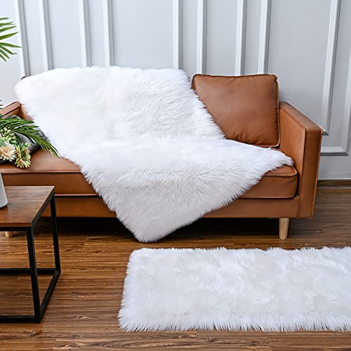 ISEAU Soft Faux Fur Fluffy Area Rug, Luxury Fuzzy Sheepskin Carpet Rugs for Bedroom Living Room, Shaggy Silky Plush Carpet Bedside Rug Floor Mat, 3ft x 5ft, White