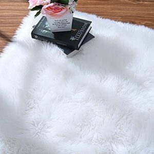 ISEAU Soft Faux Fur Fluffy Area Rug, Luxury Fuzzy Sheepskin Carpet Rugs for Bedroom Living Room, Shaggy Silky Plush Carpet Bedside Rug Floor Mat, 3ft x 5ft, White