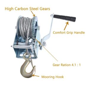 Heavy Duty Hand Winch 600Lbs Hand Crank Strap Gear with 8m Steel Wire Manual Operated Two-Way Ratchet ATV Boat Trailer Marine for Trailering or Loading Boats Personal Watercraft and Lawn Equipment