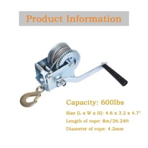 Heavy Duty Hand Winch 600Lbs Hand Crank Strap Gear with 8m Steel Wire Manual Operated Two-Way Ratchet ATV Boat Trailer Marine for Trailering or Loading Boats Personal Watercraft and Lawn Equipment