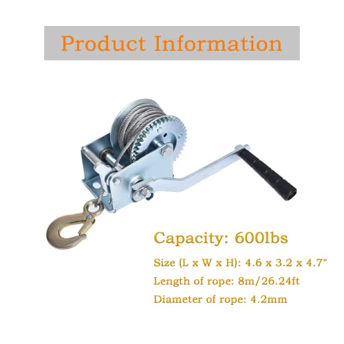 Heavy Duty Hand Winch 600Lbs Hand Crank Strap Gear with 8m Steel Wire Manual Operated Two-Way Ratchet ATV Boat Trailer Marine for Trailering or Loading Boats Personal Watercraft and Lawn Equipment