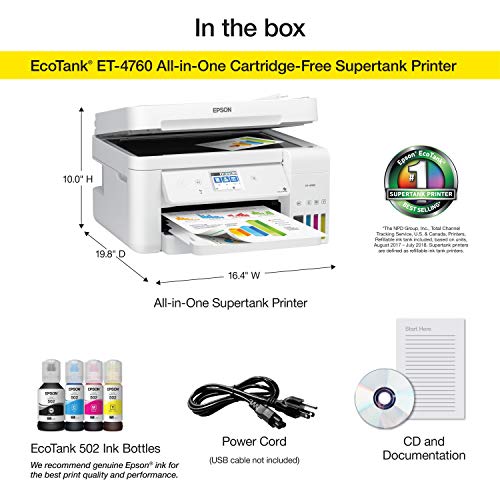 Epson EcoTank ET-4760 Wireless Color All-in-One Cartridge-Free Supertank Printer with Scanner, Copier, Fax, ADF and Ethernet - White, Large (Renewed)